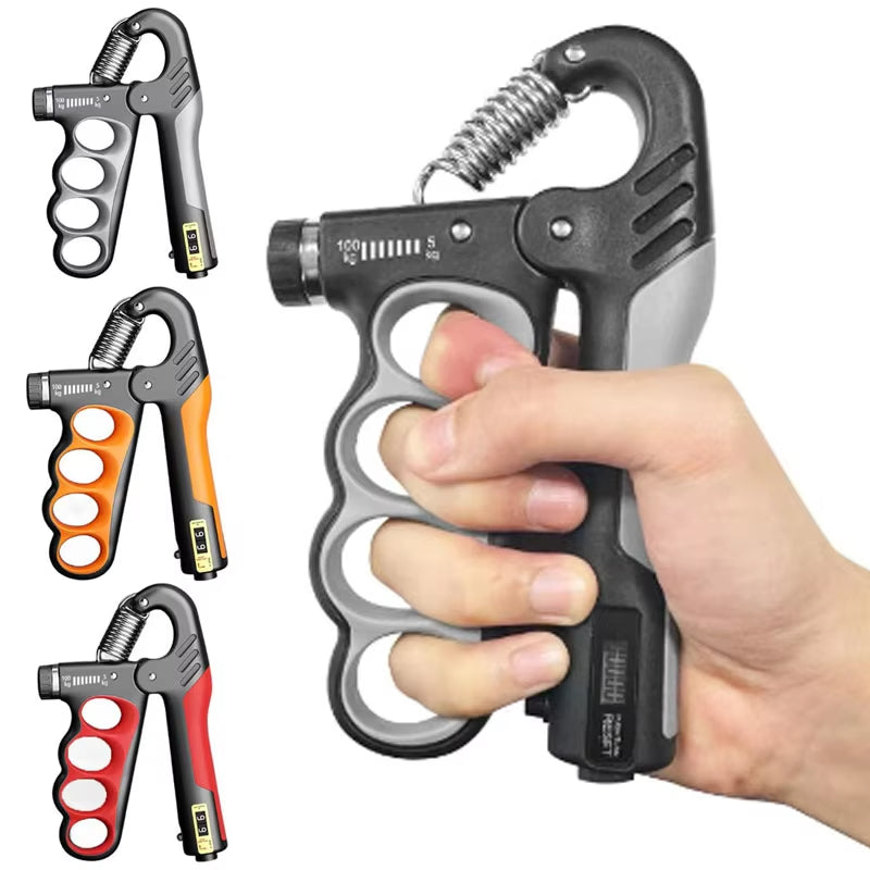 Hand squeezing a grey adjustable hand grip strengthener, with grey, orange and red colour options beside it