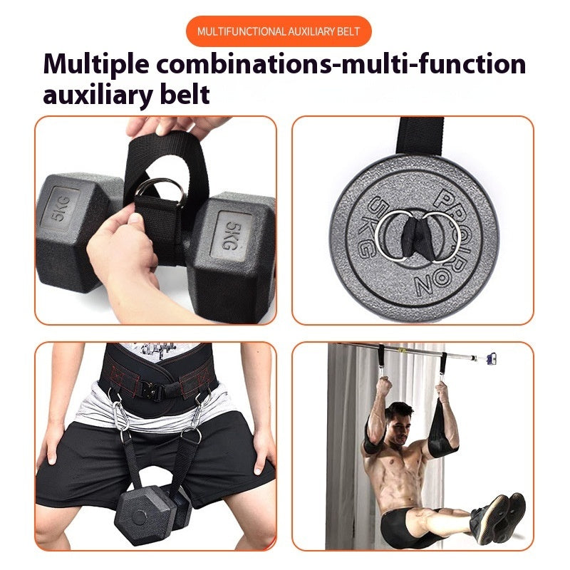 Load belt used four ways: holding a dumbbell, a weight plate, a dumbbell between the legs and for hanging leg raises