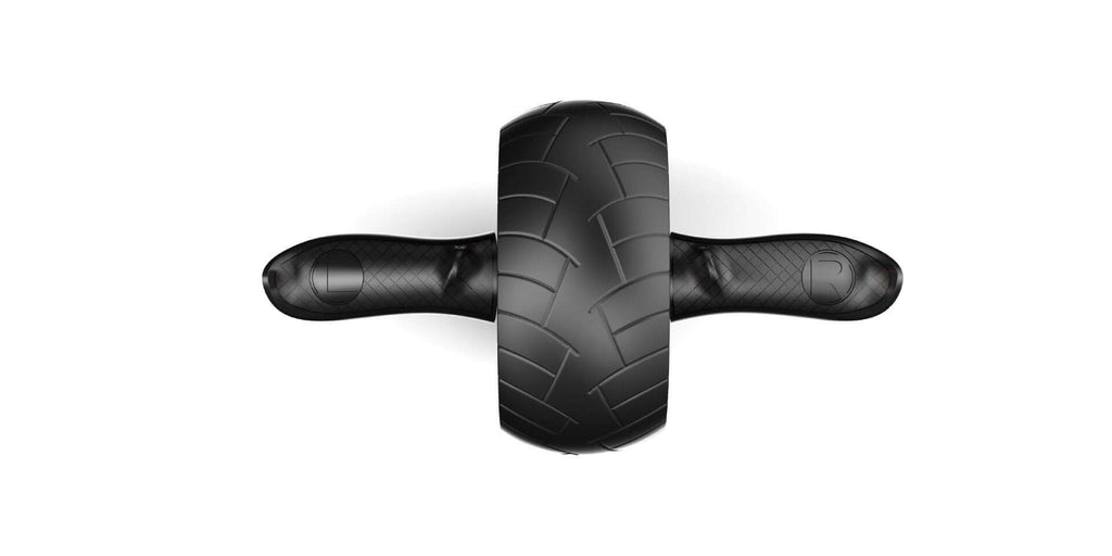 Black ab wheel with curved handles seen from the front