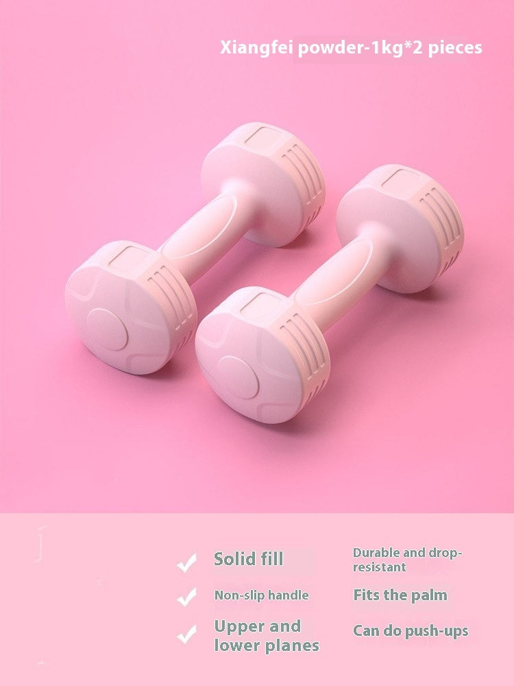 Pair of pink 1 kg soft-touch dumbbells on a pink background