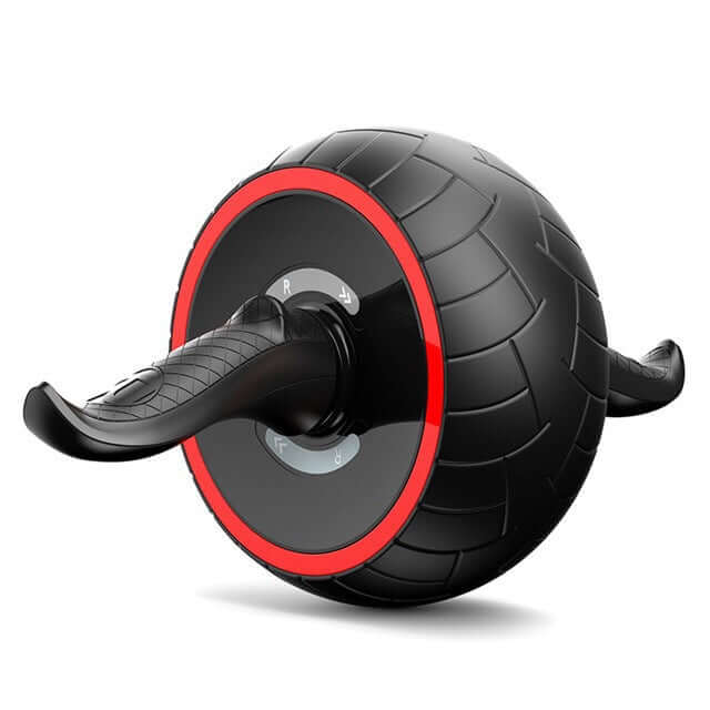 Black ab wheel with a red rim, textured tread and curved handles
