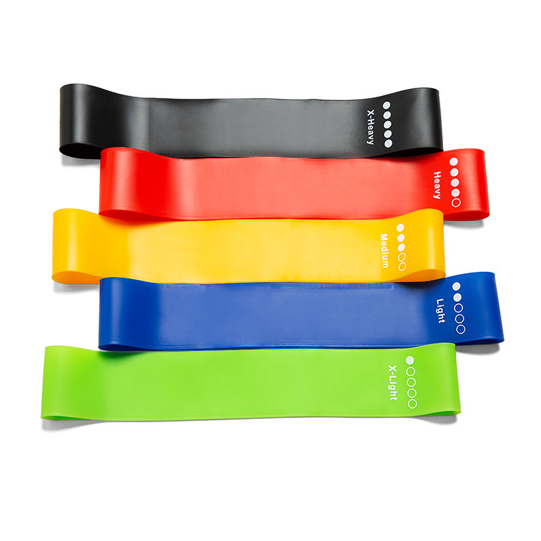 Set of five loop resistance bands in black, red, yellow, blue and green