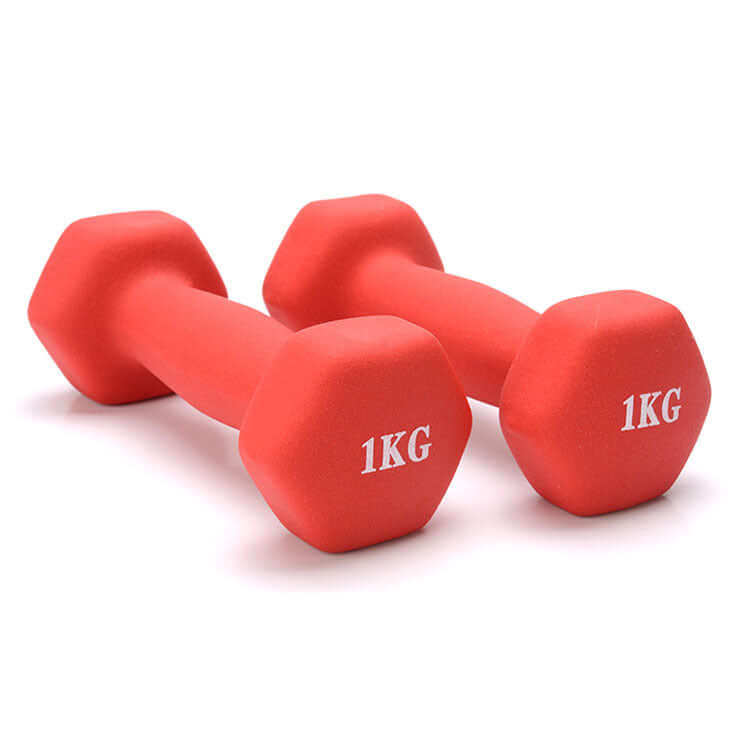 Pair of coral coated hex dumbbells marked 1 kg