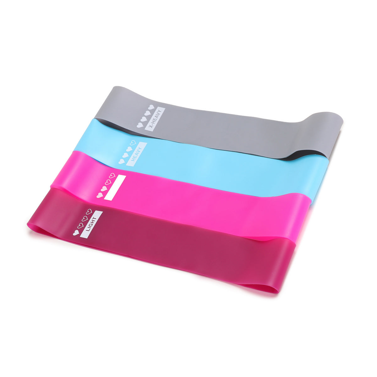 Set of four loop resistance bands in grey, light blue, bright pink and plum