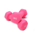 Pair of pink coated hex dumbbells marked 1 kg