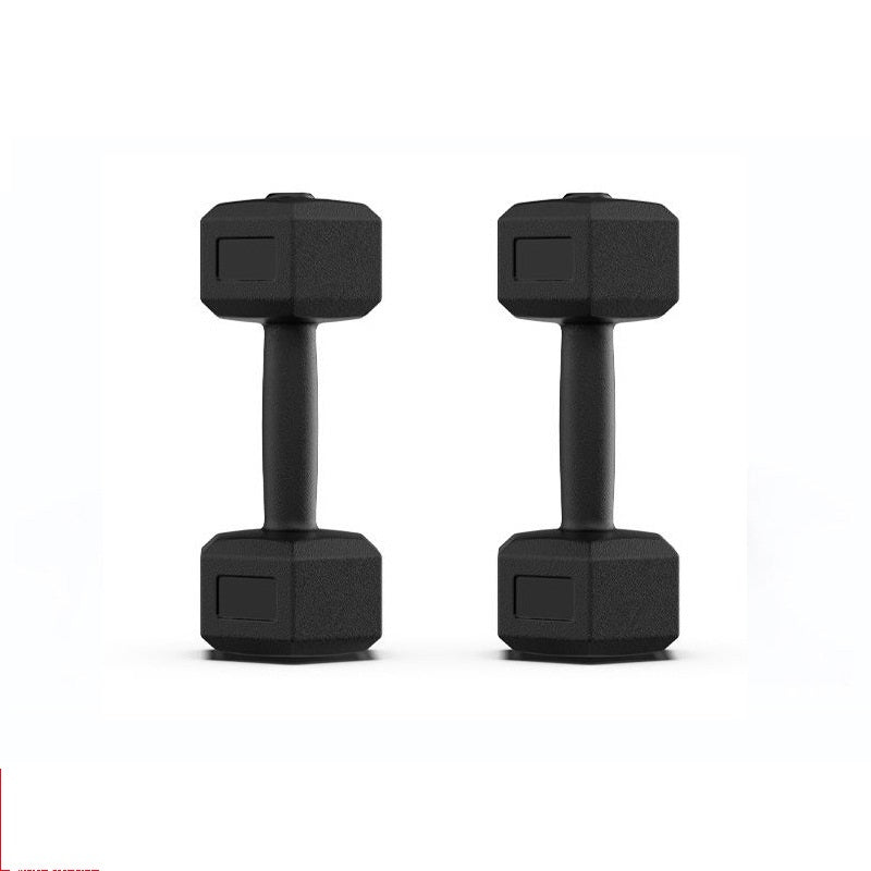 Pair of black hex dumbbells standing upright