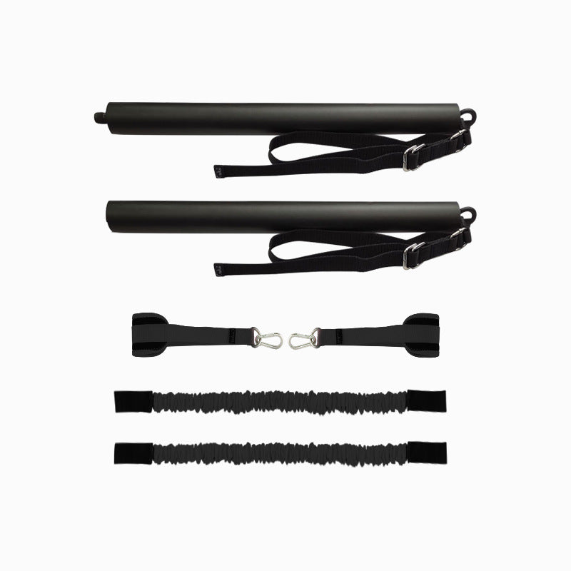 Black two-piece Pilates bar with attached straps, a foot strap with clips and two resistance cords