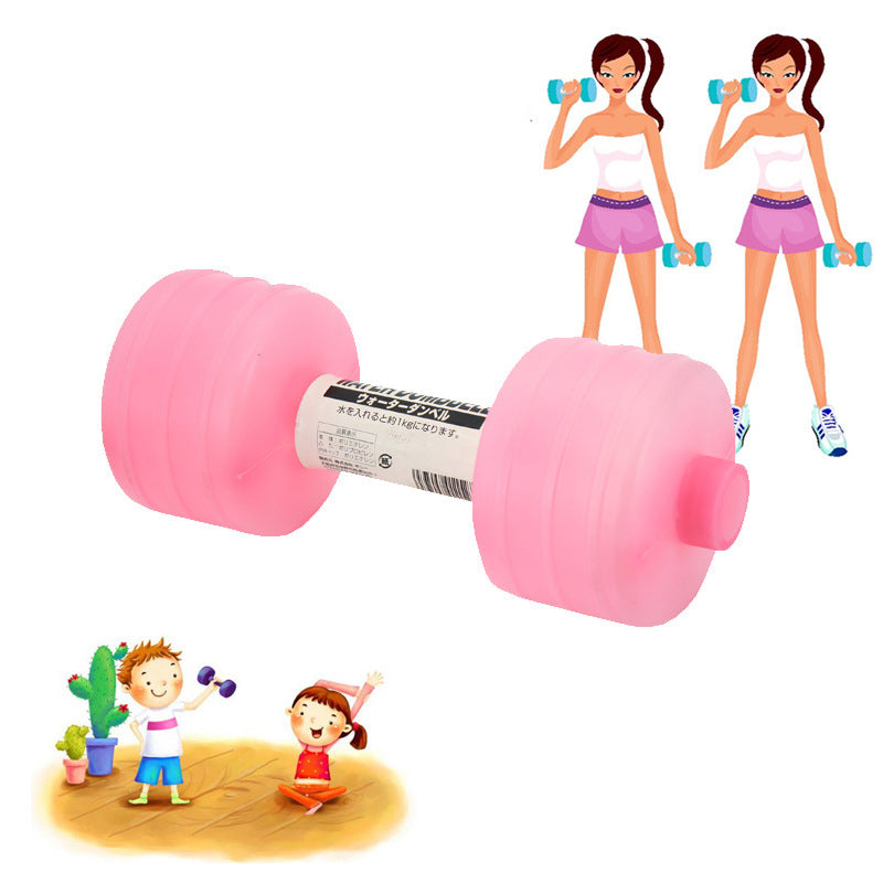 Pink water-fill dumbbell with cartoon drawings of women and children exercising with dumbbells