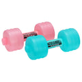 Pink and teal water-fill dumbbells on a white background