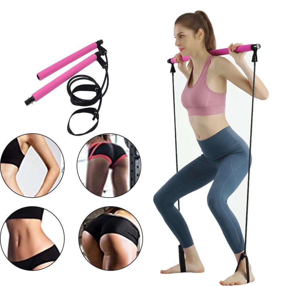 Woman squatting with a pink Pilates bar on her shoulders and cords under her feet; inset shows the two-piece bar