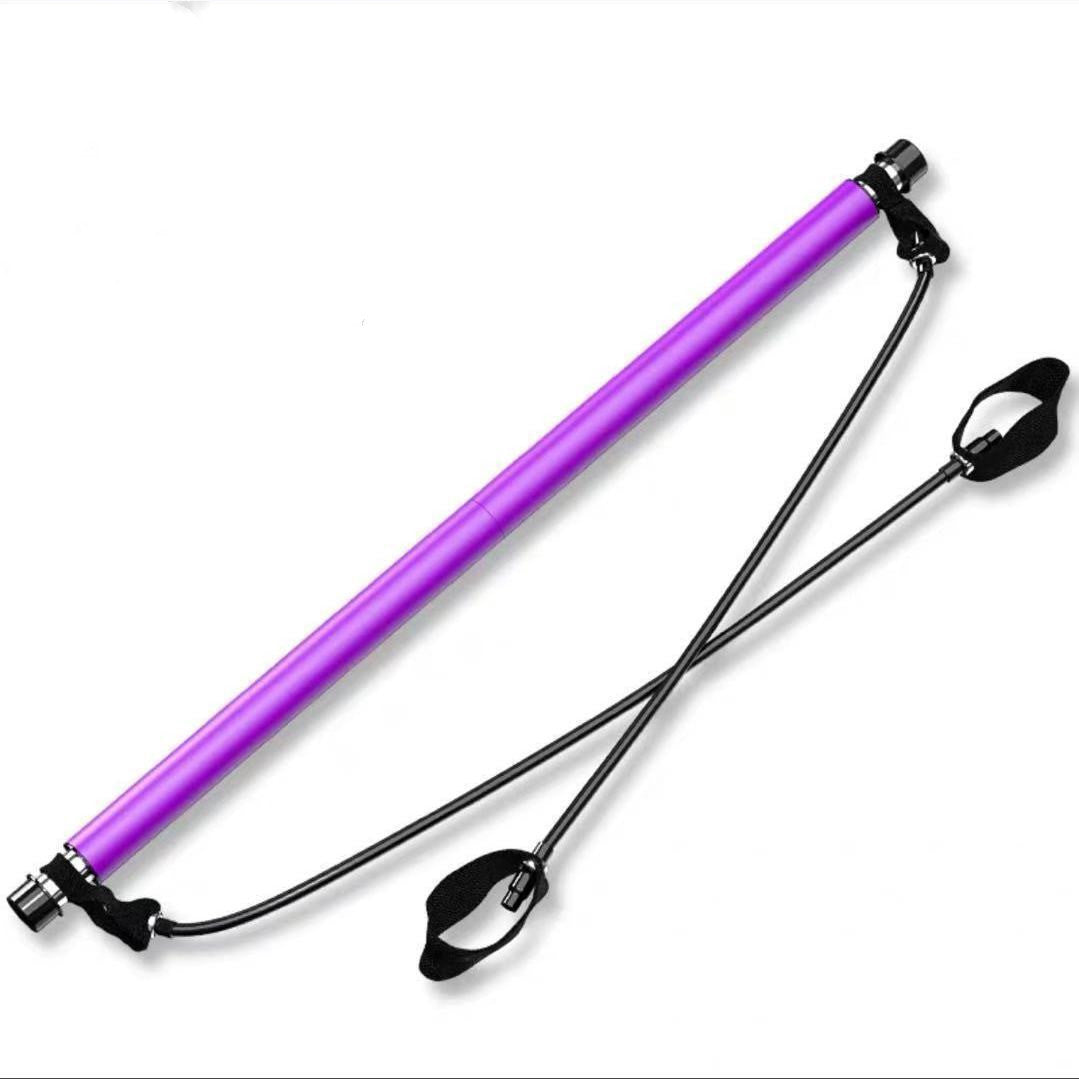Purple portable Pilates bar with two black resistance cords and padded foot loops