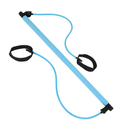 Blue portable Pilates bar with light blue resistance cords and black foot loops