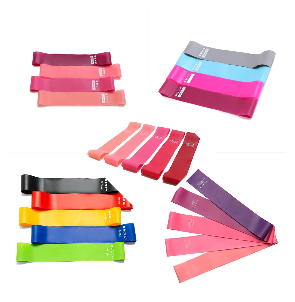 Silicone loop resistance bands in pink, purple, rainbow and grey-blue colour sets