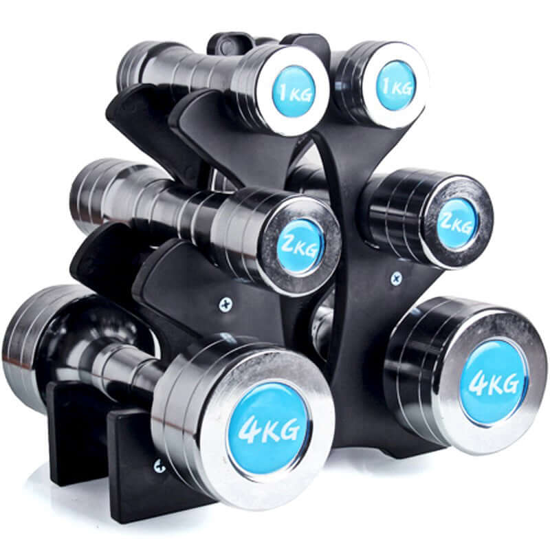 Black three-tier stand holding pairs of chrome dumbbells of 1, 2 and 4 kg with blue end caps
