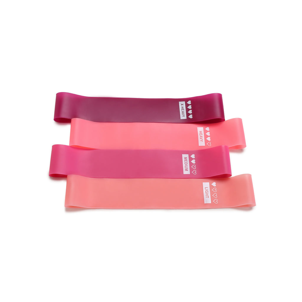Set of four loop resistance bands in plum and shades of pink