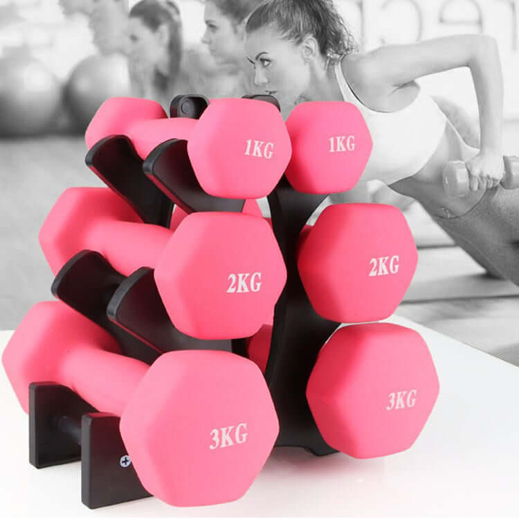 Black dumbbell stand holding pink hex dumbbells of 1, 2 and 3 kg, with women exercising behind