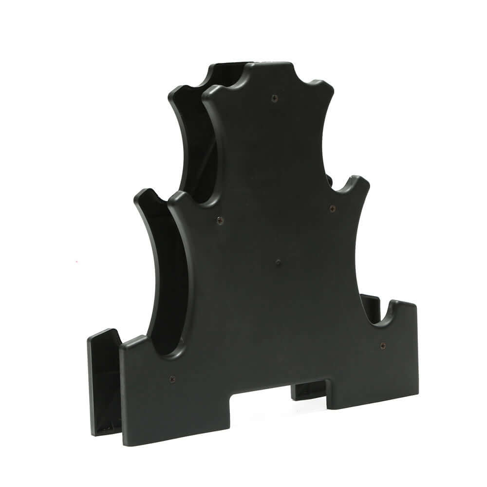 Empty black three-tier dumbbell stand seen from the side