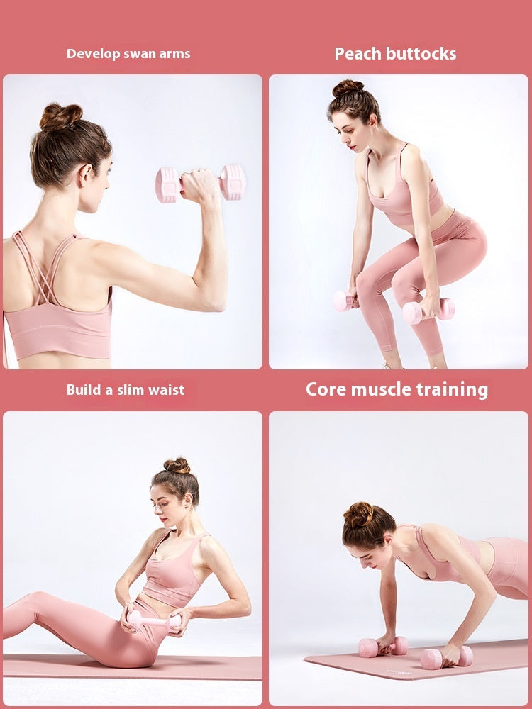 Woman using small pink dumbbells for arm curls, squats, a seated twist and a plank