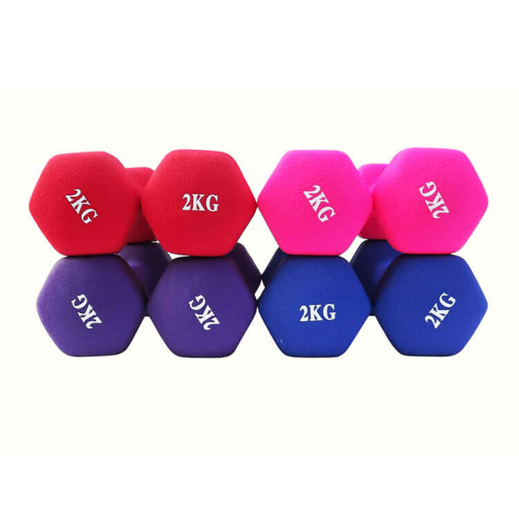 Pairs of 2 kg coated hex dumbbells in red, pink, purple and blue
