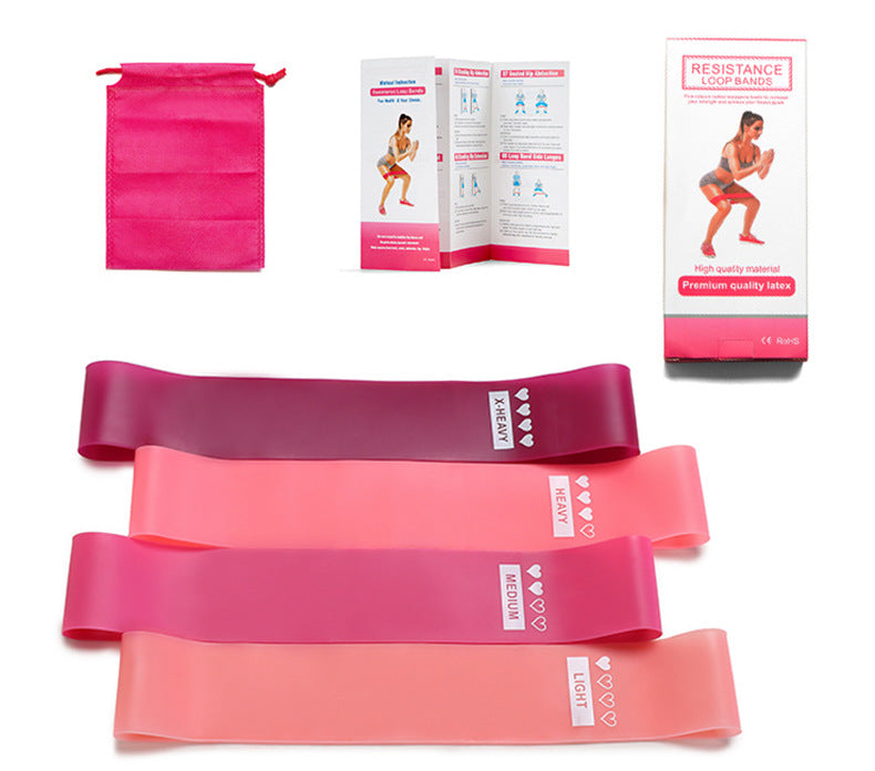 Four pink and plum loop resistance bands with a pink drawstring bag and exercise guides