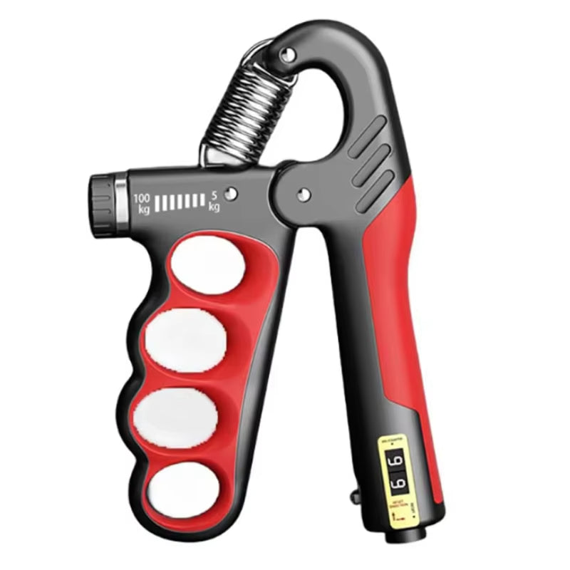 Red and black adjustable hand grip strengthener with resistance scale and rep counter
