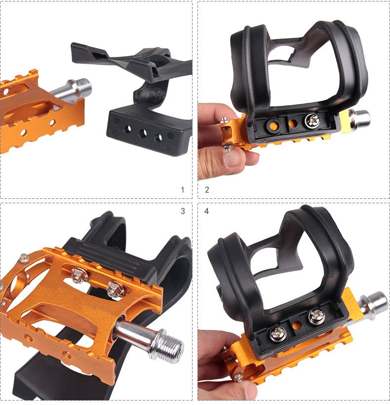 Four steps showing a black toe cage being bolted onto an orange bike pedal