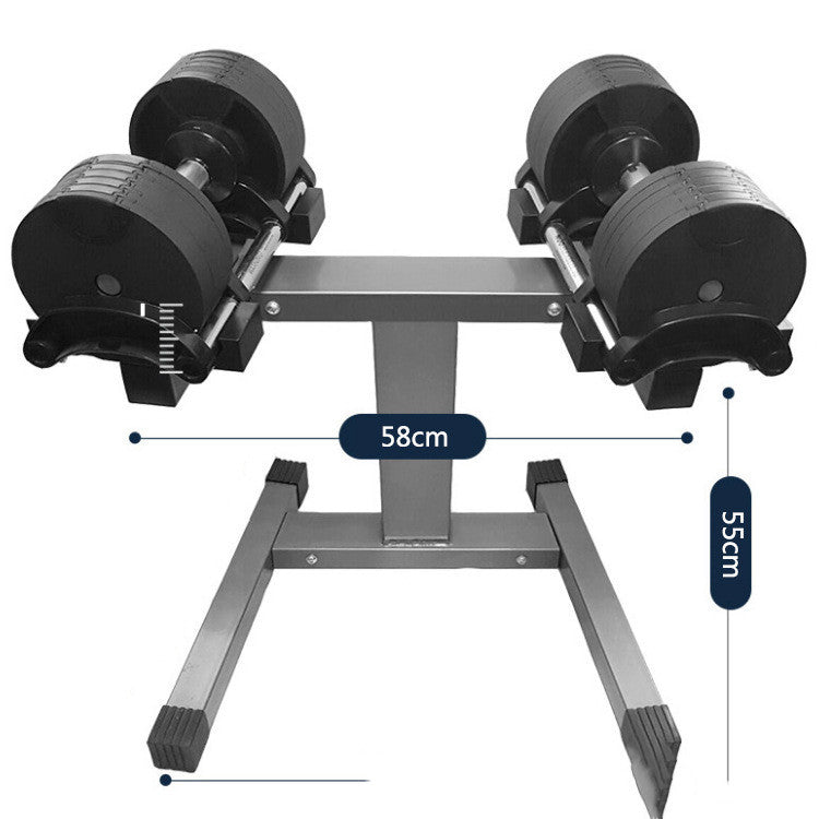 Steel stand holding a pair of adjustable dumbbells, marked 58 cm wide and 55 cm high