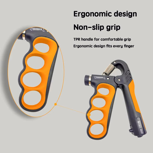 Orange hand grip strengthener with a close-up of its ergonomic non-slip finger grooves