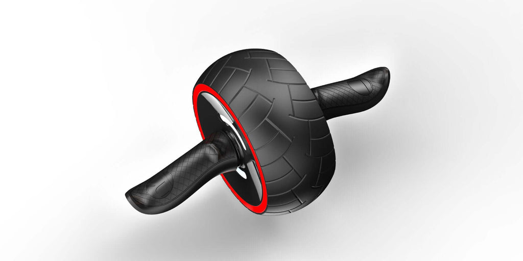 Black ab wheel with a red rim shown at an angle on a white background