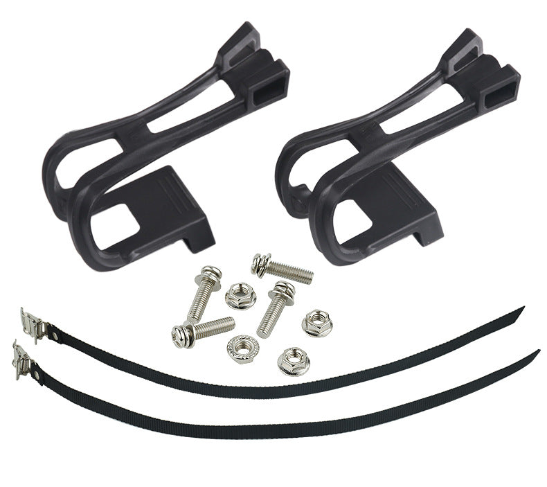 Two black toe cages with two separate straps and a set of mounting bolts and nuts