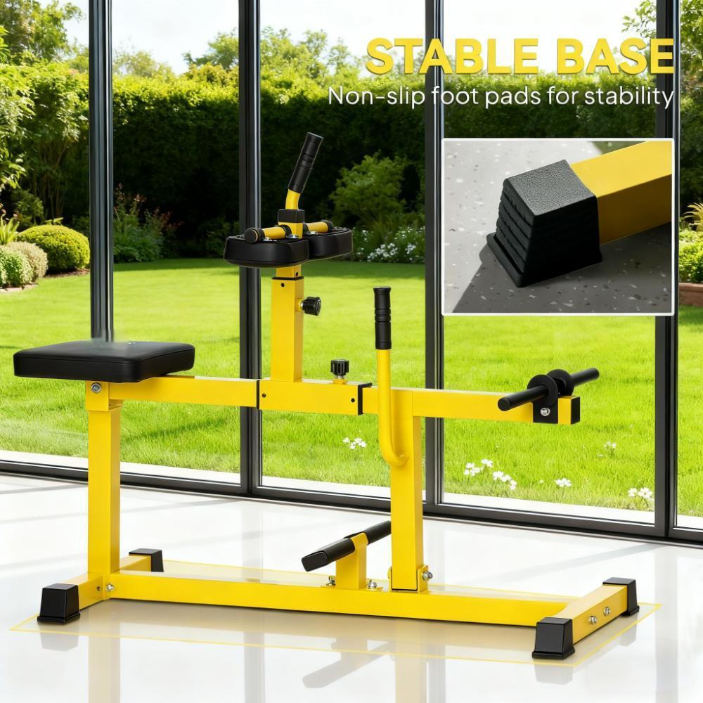 Yellow seated calf raise machine from the side, with an inset of its non-slip foot pads