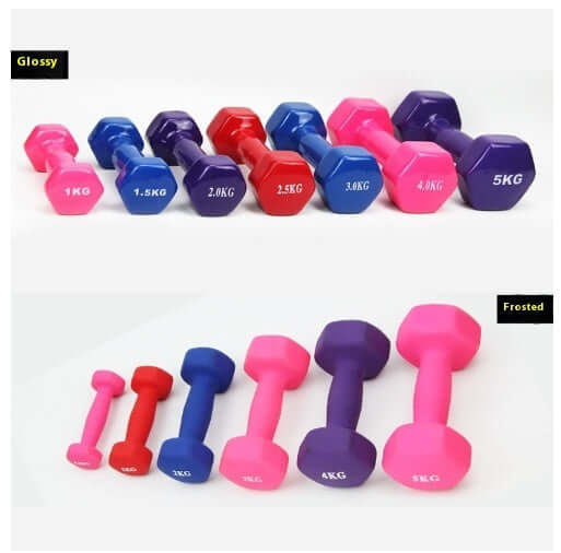 Rows of glossy and frosted coated hex dumbbells in pink, blue, purple and red, from 1 to 5 kg