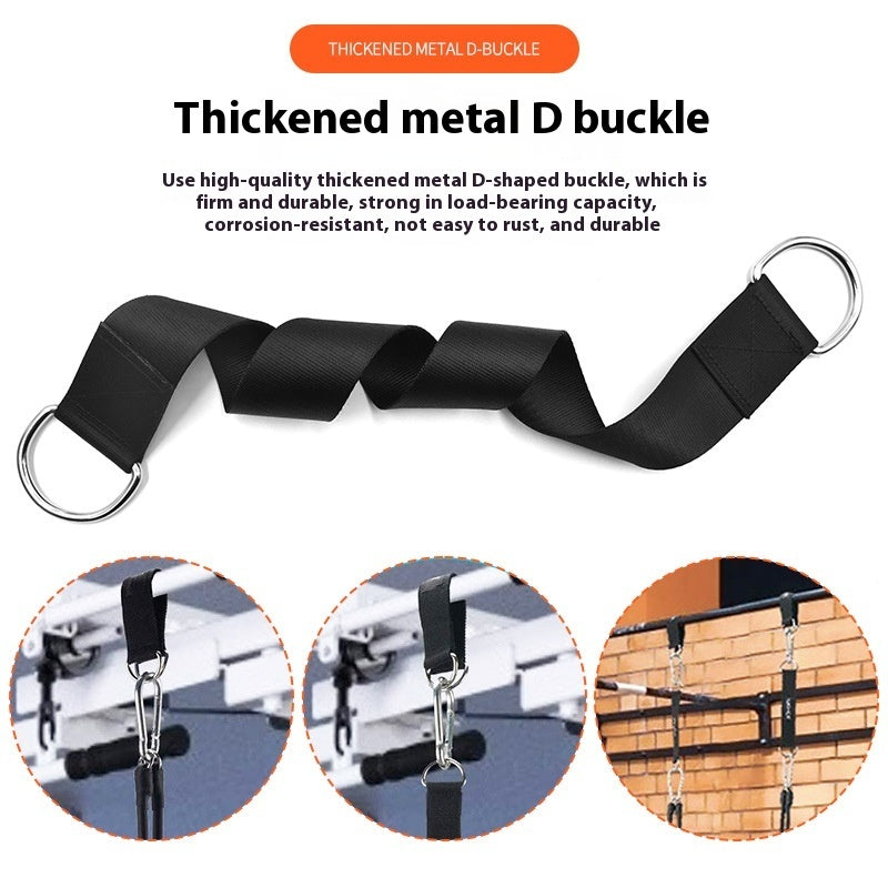 Black nylon load belt with a metal D-ring at each end, and three photos of it hooked onto a bar