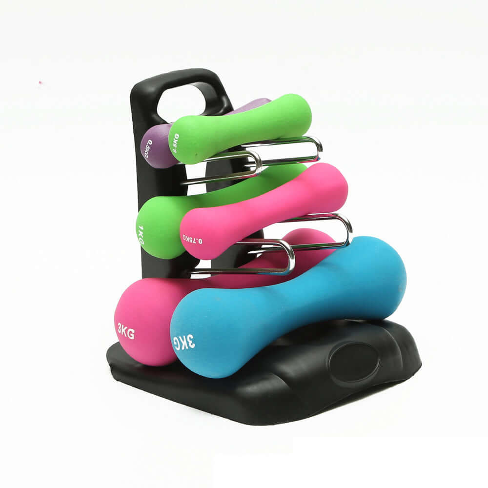 Three-tier black dumbbell stand holding pairs of green, pink and blue soft-touch dumbbells