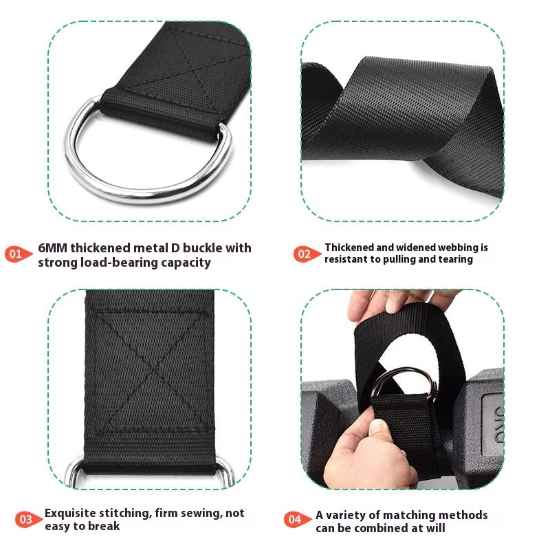 Close-ups of the load belt's thick metal D-ring, wide webbing and reinforced stitching