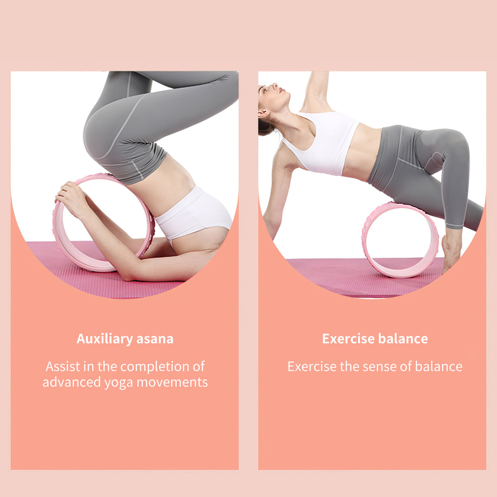 Two yoga poses using a pink yoga wheel: a supported leg lift and a balance pose