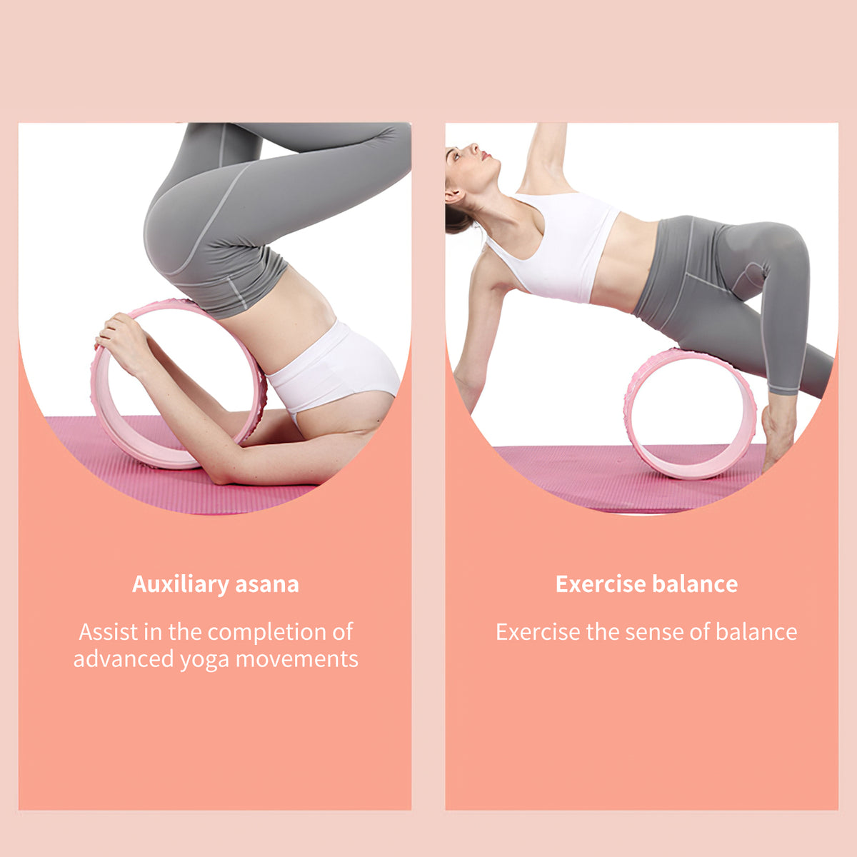 Two yoga poses using a pink yoga wheel: a supported leg lift and a balance pose