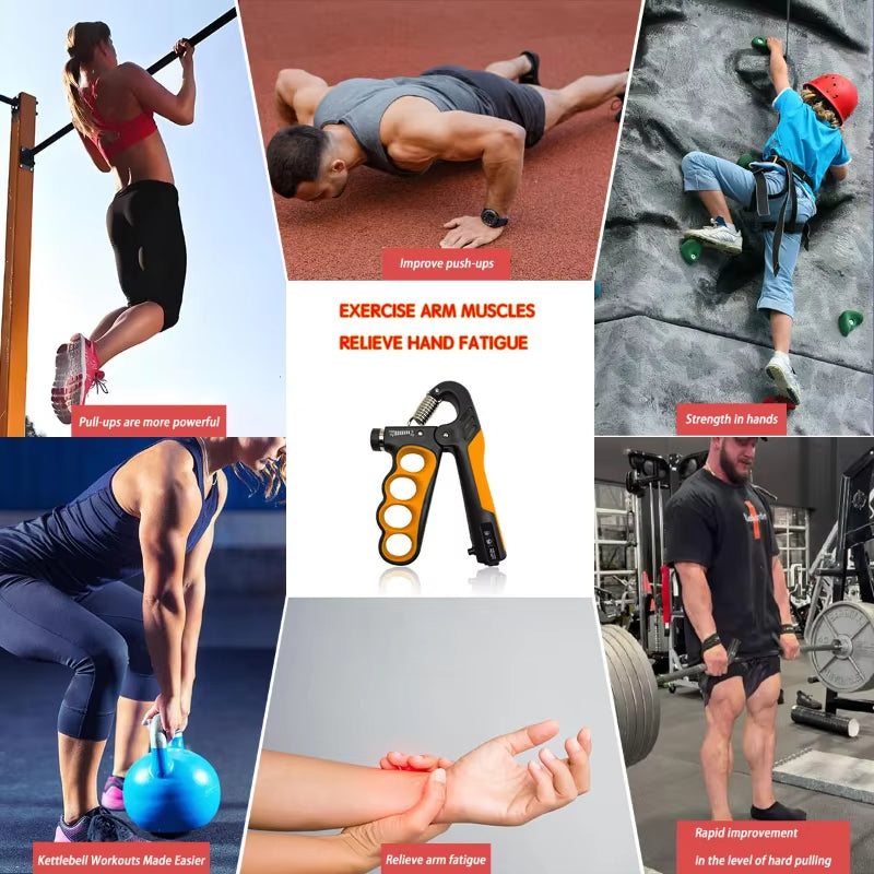 People doing pull-ups, push-ups, climbing and kettlebell work around an orange hand grip strengthener