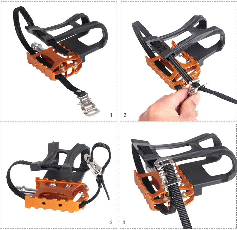 Four steps showing a black toe cage and strap being fitted to an orange bike pedal