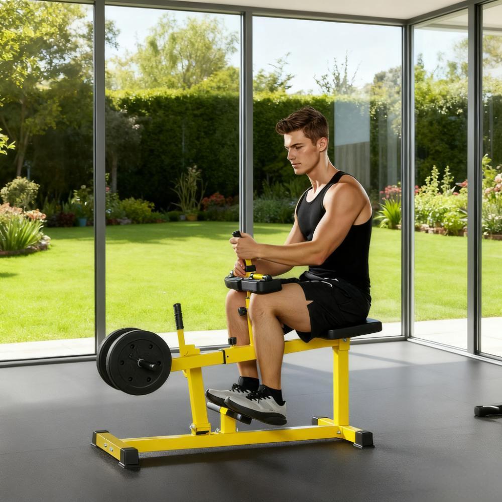 Man using a yellow seated calf raise machine with weight plates loaded, in a home gym by a window