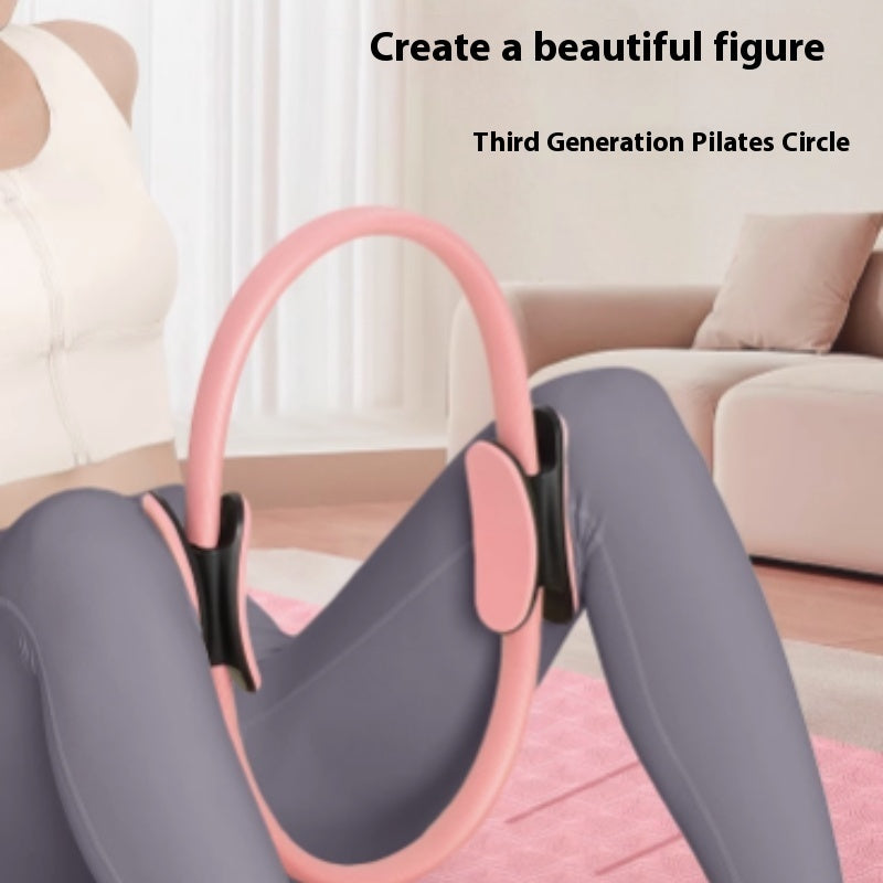 Woman seated on a mat squeezing a pink Pilates ring between her thighs
