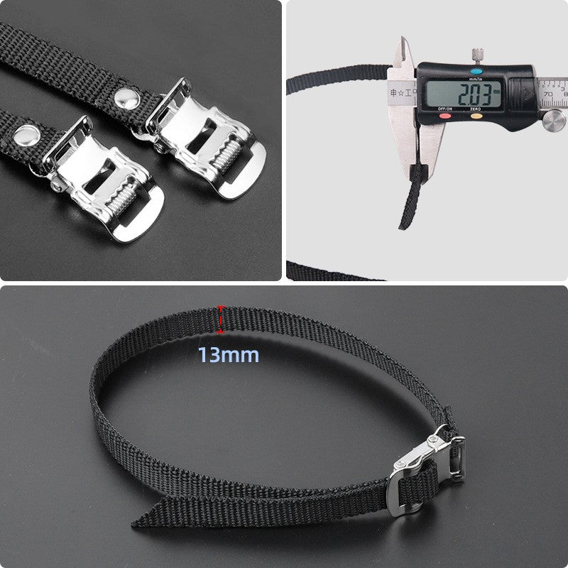 Close-up of the strap's metal buckle, a calliper measuring the strap and the 13 mm wide strap