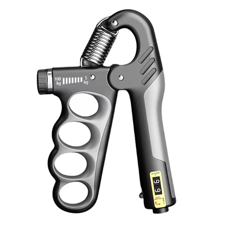 Grey and black adjustable hand grip strengthener with resistance scale and rep counter