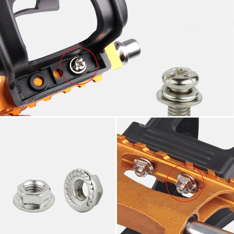 Close-ups of a toe cage bolted to an orange pedal, with the mounting bolt and flange nuts